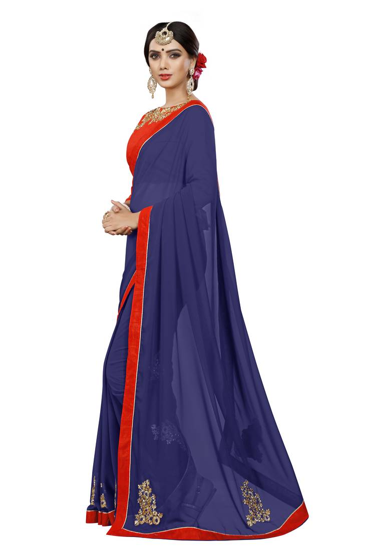 Navy blue embroidered georgette saree with blouse