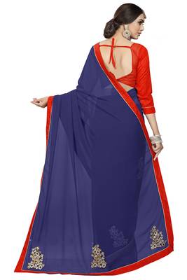 Navy blue embroidered georgette saree with blouse 3