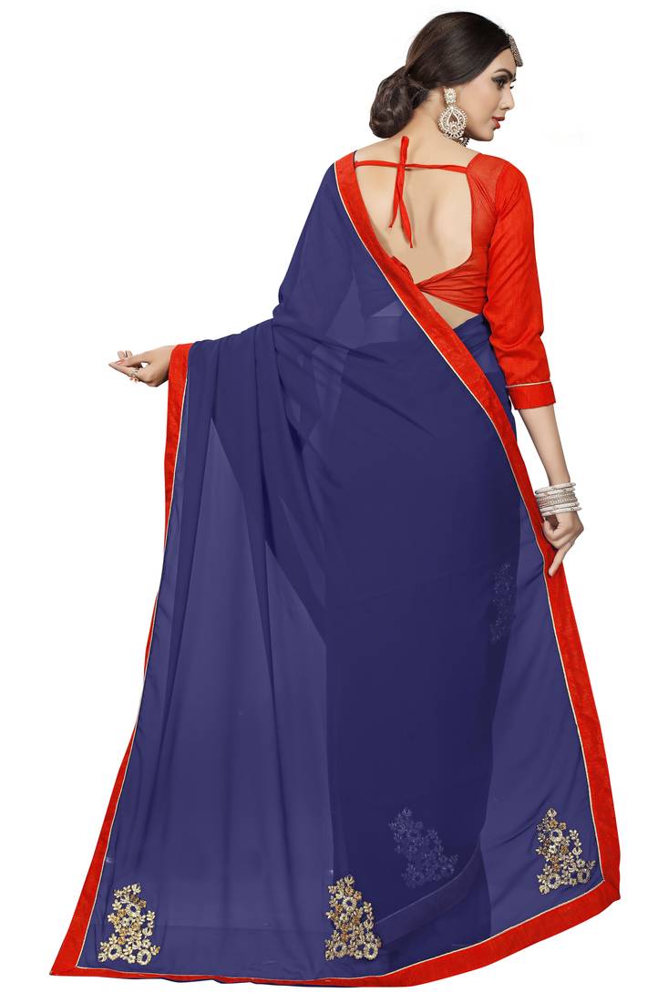 Navy blue embroidered georgette saree with blouse