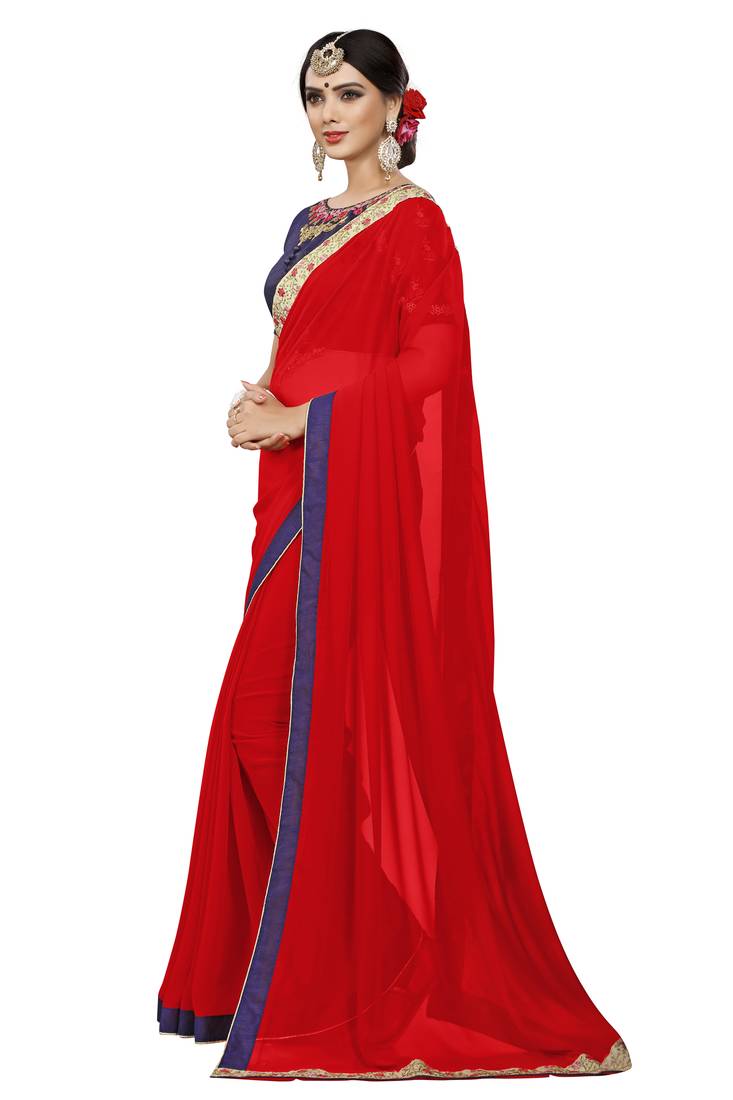Red embroidered georgette saree with blouse