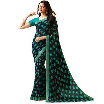 Blue printed georgette saree with blouse 1