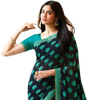 Blue printed georgette saree with blouse 2
