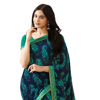 Blue printed georgette saree with blouse 2
