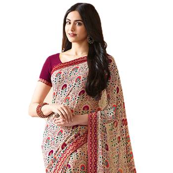 Pink printed georgette saree with blouse 2