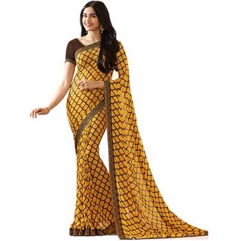 Yellow printed georgette saree with blouse 1