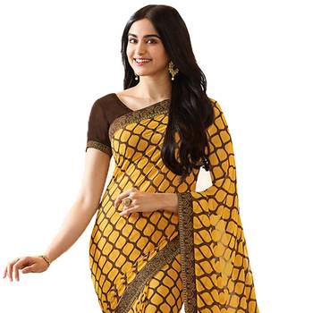 Yellow printed georgette saree with blouse 2