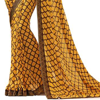 Yellow printed georgette saree with blouse 3
