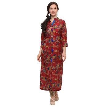Red printed cotton poly long kurtis 1