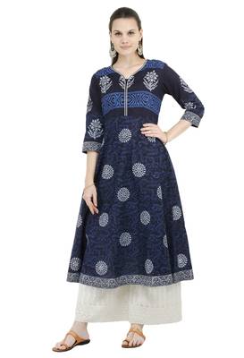 Blue printed cotton long-kurtis 1