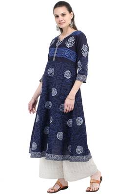 Blue printed cotton long-kurtis 2