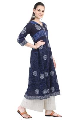 Blue printed cotton long-kurtis 3