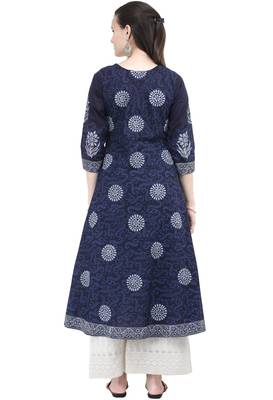 Blue printed cotton long-kurtis 4