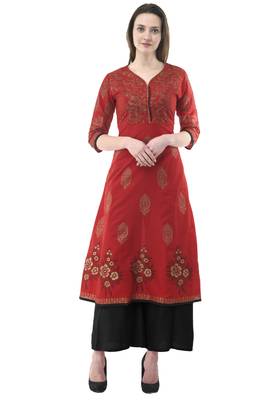 Red printed cotton long-kurtis 1