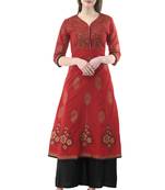 Red printed cotton long-kurtis