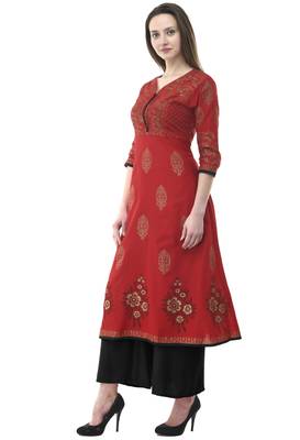 Red printed cotton long-kurtis 2