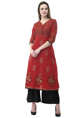 Red printed cotton long-kurtis 3
