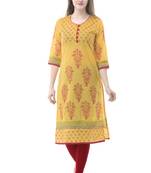 Yellow printed cotton long-kurtis