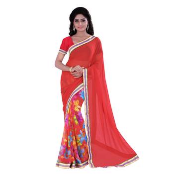 Peach printed silk saree with blouse 1