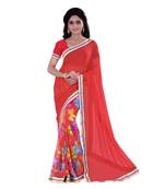 Peach printed silk saree with blouse