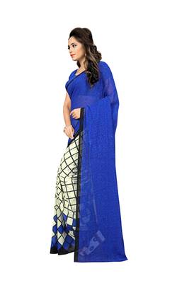 Blue printed faux georgette saree with blouse 3