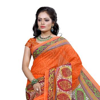 Orange printed faux georgette saree with blouse 3