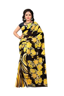 Yellow printed faux georgette saree with blouse 1