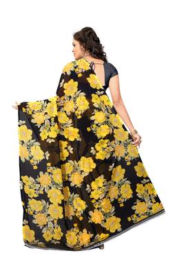 Yellow printed faux georgette saree with blouse 2