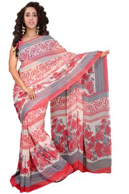 Peach printed faux georgette saree with blouse 1