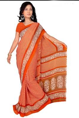 Orange printed faux georgette saree with blouse 1
