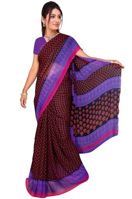 Black printed faux georgette saree with blouse 1