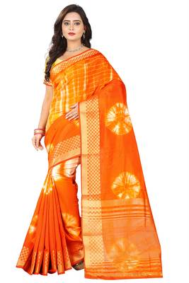 Orange Printed Cotton Silk Saree With Blouse 1