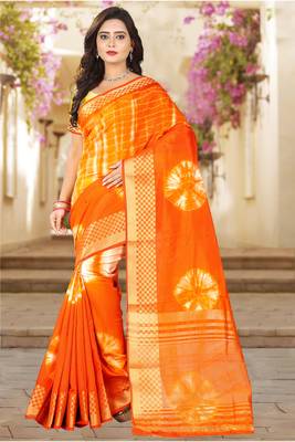 Orange Printed Cotton Silk Saree With Blouse 2