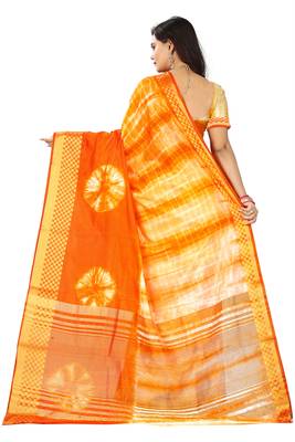 Orange Printed Cotton Silk Saree With Blouse 3