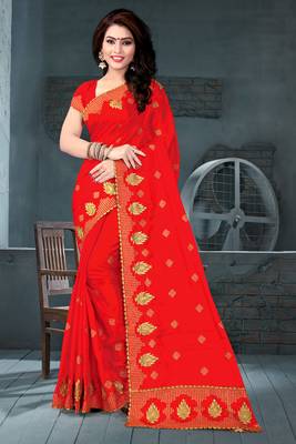 Red Embroidered Silk Blend Saree With Blouse 2