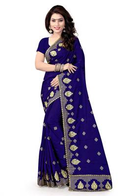 Navy Blue Embroidered Pure Silk Blend Saree With Blouse 1