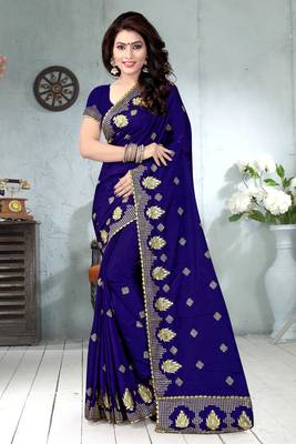 Navy Blue Embroidered Pure Silk Blend Saree With Blouse 2