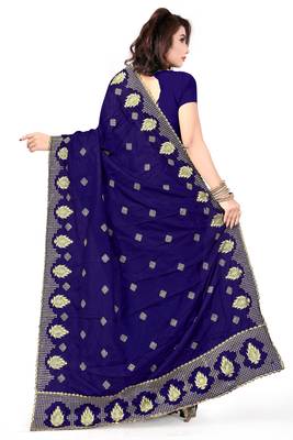 Navy Blue Embroidered Pure Silk Blend Saree With Blouse 3