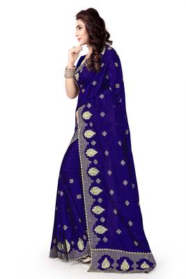 Navy Blue Embroidered Pure Silk Blend Saree With Blouse 4