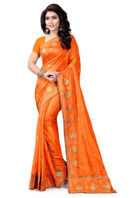 Orange Embroidered Pure Silk Blend Saree With Blouse 1