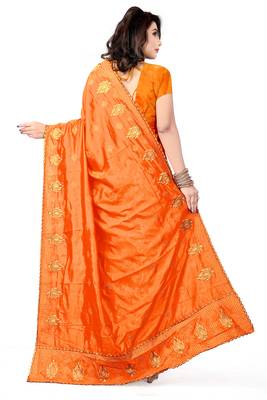 Orange Embroidered Pure Silk Blend Saree With Blouse 3