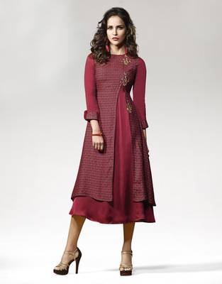 Red Embroidered Silk  And  Crepe  Kurti 1
