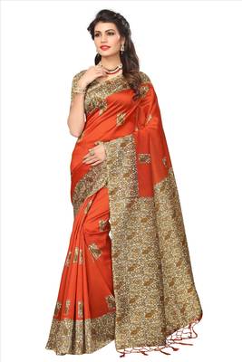 Orange printed art silk saree with blouse 1