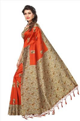 Orange printed art silk saree with blouse 2