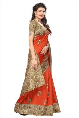 Orange printed art silk saree with blouse 3