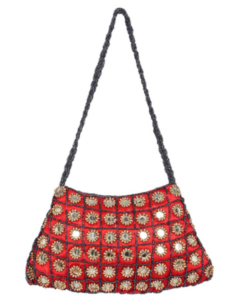 Maroon Beaded With Mirror Work Casual Poly Satin Shoulder Bags Women Hand Bag