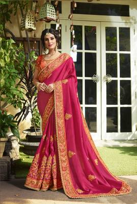 Dark pink embroidered silk blend saree with blouse 1
