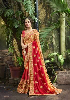 Dark pink embroidered silk blend saree with blouse 1