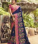 Navy blue embroidered silk blend saree with blouse