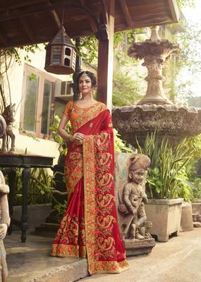 Crimson embroidered silk blend saree with blouse 1