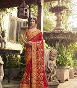 Crimson embroidered silk blend saree with blouse